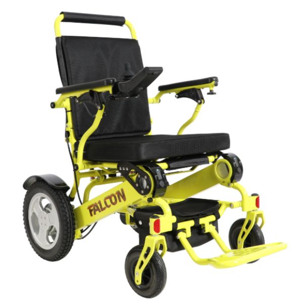 Falcon Portable Folding Power Wheelchair in Yellow Right Angle View