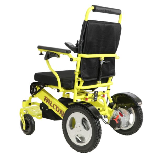Falcon Folding Power Wheelchair in Yellow Right Rear View