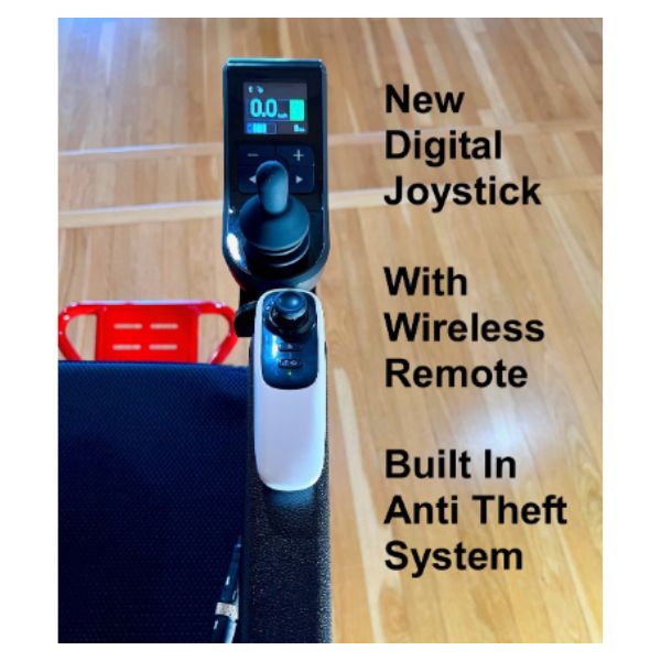 Falcon Folding Power Wheelchair Showing the Joystick, Wireless Remote and Built in Anti-Theft System