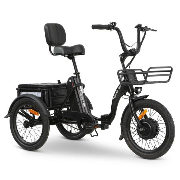 Black GoBike Trio Crossover Electric Trike with a seat and basket on a white background