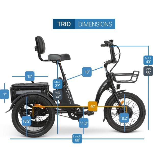 Dimensions of a GoBike Trio Crossover Electric Trike labeled 'TRIO' on a white background