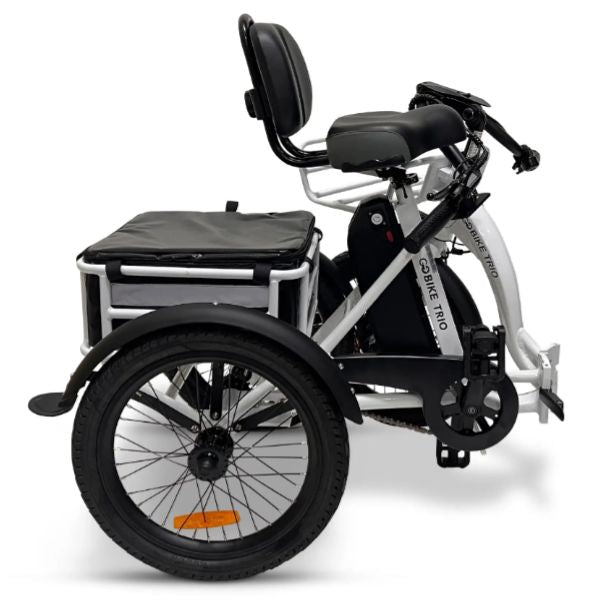 GoBike Trio Crossover Electric Trike with a black seat and storage box on a white background