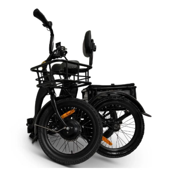 Black GoBike Trio Crossover Electric Trike with basket on a white background
