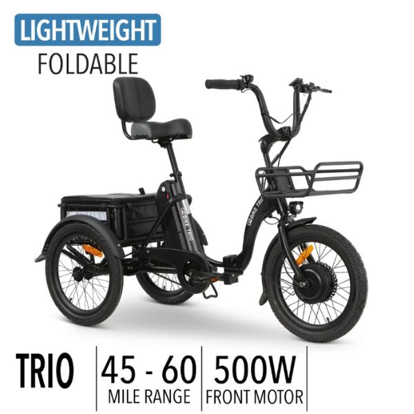 GoBike Trio Crossover Electric Trike with a seat on a white background, featuring text about weight, range, and motor power.