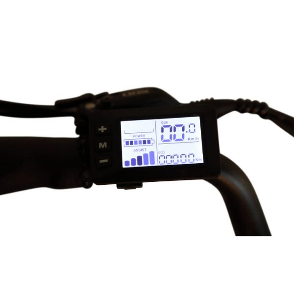 Digital display handlebar of a GoBike Trio Crossover Electric Trike with a white background