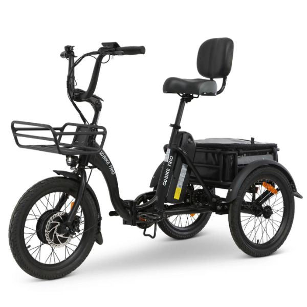 Black GoBike Trio Crossover Electric Trike with a seat and basket on a white background