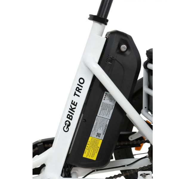 Close-up of a white bicycle frame with 'Bike Trio' branding on a white background