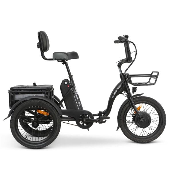 GoBike Trio Crossover Electric Trike with a basket on a white background