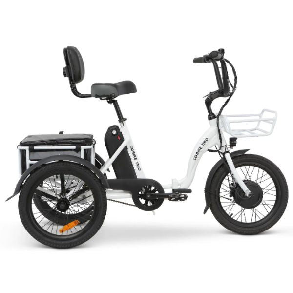 White GoBike Trio Crossover Electric Trike with black wheels on a white background
