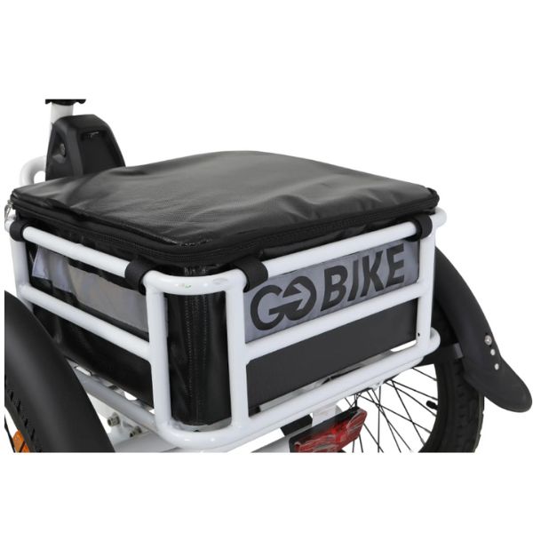 Bicycle cargo rack with black bag and 'GO BIKE' branding on a white background