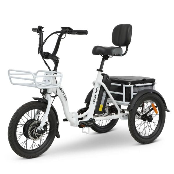 White GoBike Trio Crossover Electric Trike with a black seat and basket on a white background
