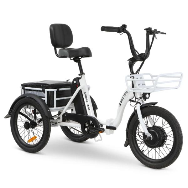 White GoBike Trio Crossover Electric Trike with a black seat and storage box on a white background