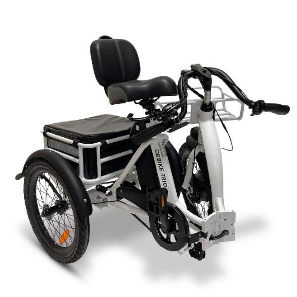 White GoBike Trio Crossover Electric Trike with a black seat on a white background