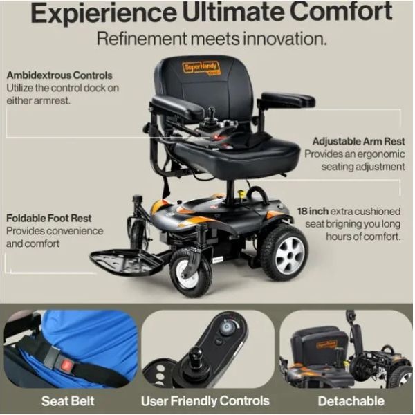 SuperHandy GoRide CRZ Portable Power Wheelchair with features highlighted on a gray background