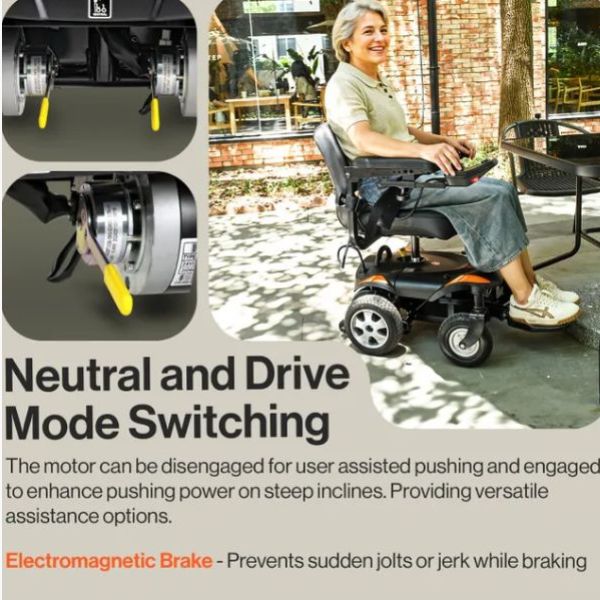 Person using the SuperHandy GoRide CRZ Portable Power Wheelchair with text about neutral and drive mode switching and electromagnetic brake.