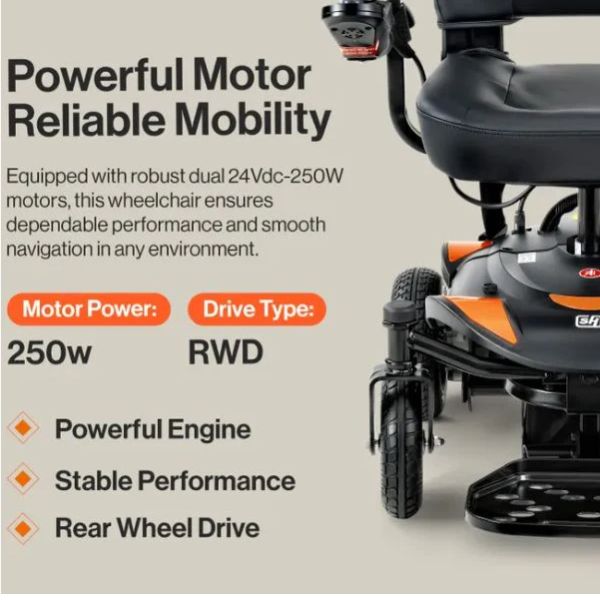 Powerful motor reliable mobility text with SuperHandy GoRide CRZ Portable Power Wheelchair on a beige background