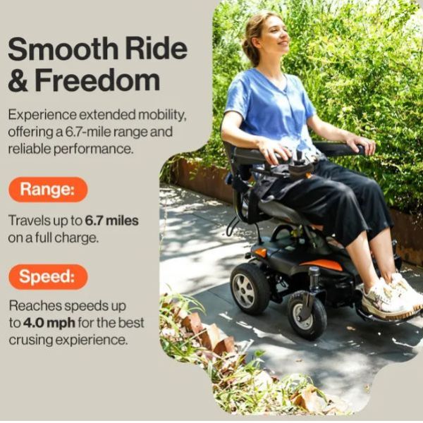 Person using the SuperHandy GoRide CRZ Portable Power Wheelchair with promotional text about range and speed.