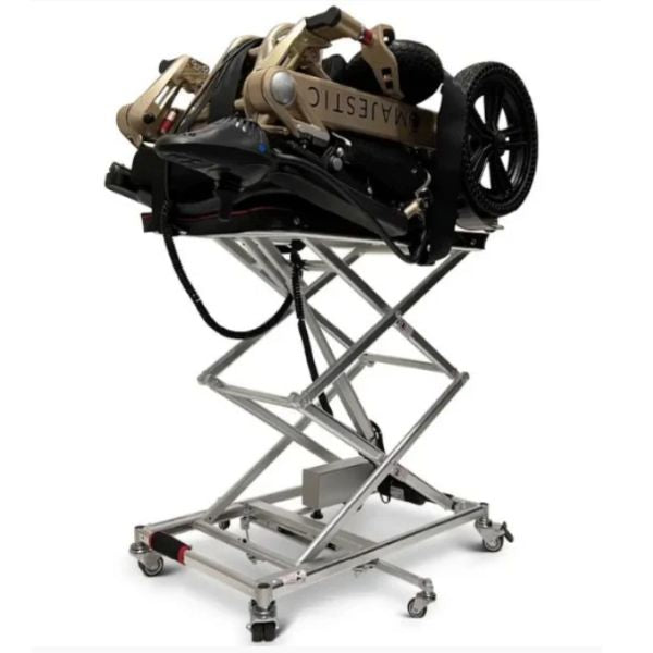 Scooter is positioned atop a ComfyGo Go-lift, highlighting the Go Lift equipment&#39;s capabilities