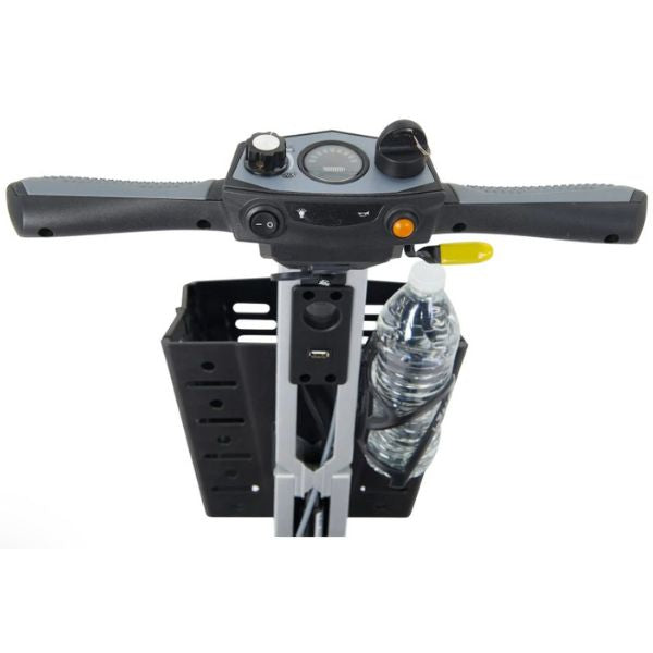 Golden Technologies Buzzaround Carry On Folding Mobility Scooter GB120 Control Panel and Bottle Holder View