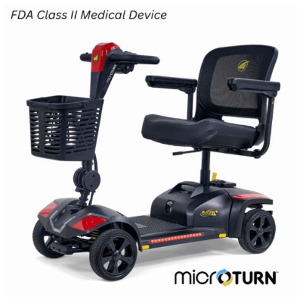 Buzzaround XL+ 4-Wheel Mobility Scooter  with basket and 'microTURN' branding on a white background