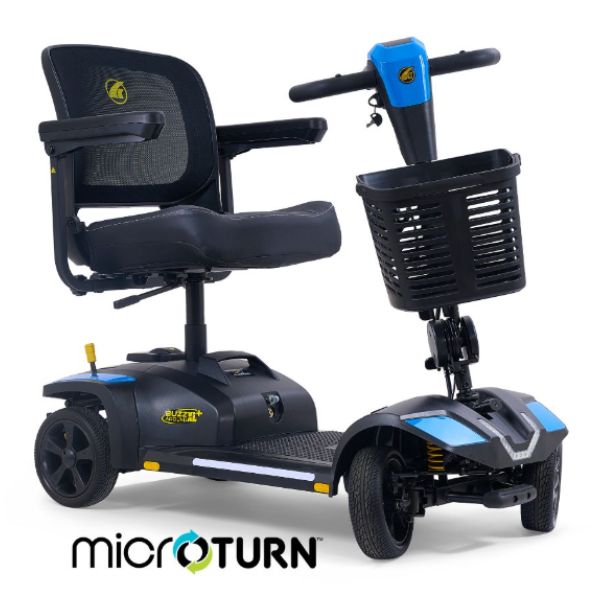 Buzzaround XL+ 4-Wheel Mobility Scooter  with blue accents on a white background, featuring the MicroTurn logo.