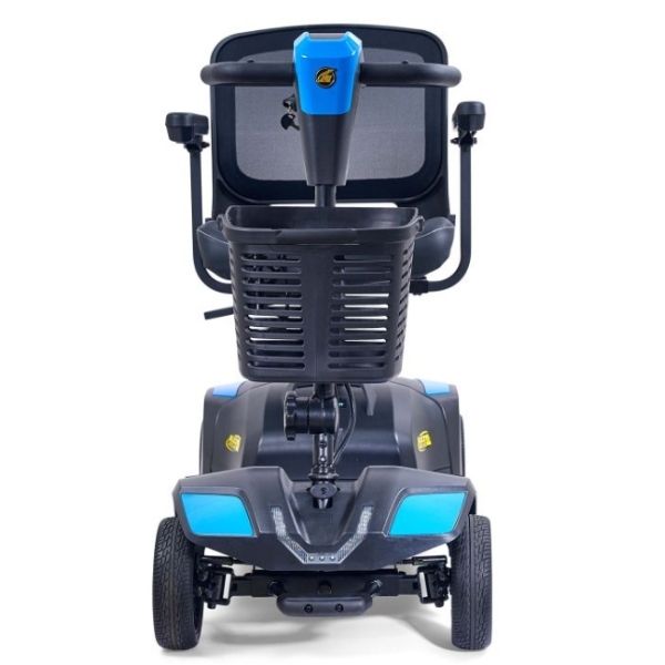 Front view of a Golden Buzzaround XL Portable Mobility Scooter with a seat, backrest, and front basket, shown on a white background.