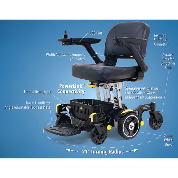 Golden Buzzarround CarryOn Travel Power Wheelchair GP130 Canarry Yellow Color with Features View