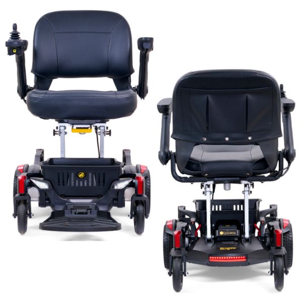 Golden Buzzarround CarryOn Travel Power Wheelchair GP130 Velvet Red Color Front and Back View 