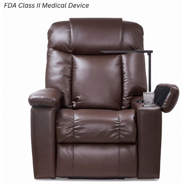 Golden Technologies Rhea with Twilight and Nirvana Power Lift Chair Umber Showing the left arm rest opened with cup