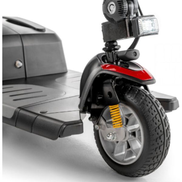 Golden Technologies Buzzaround Extreme 3-Wheel Mobility Scooter GB118 Velvet Red  Shroud Color Front Suspension and Lighting View