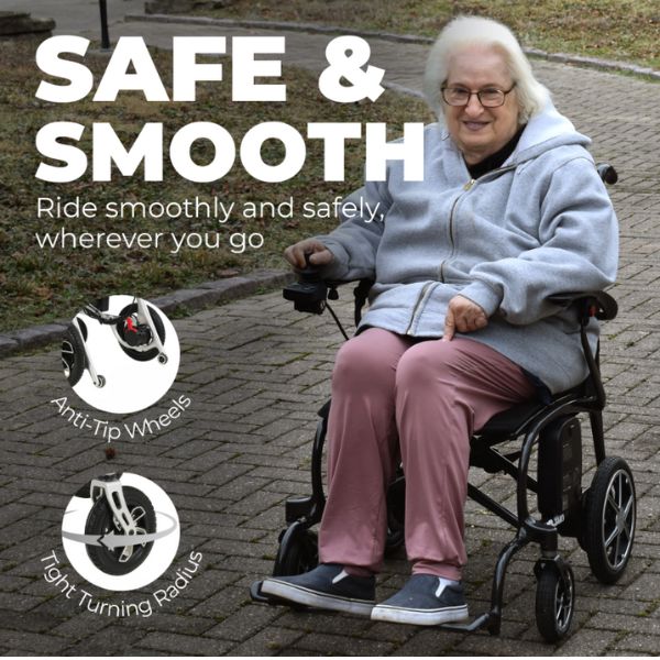 Helium Ultra Lightweight Power Wheelchair with a Woman Riding on it