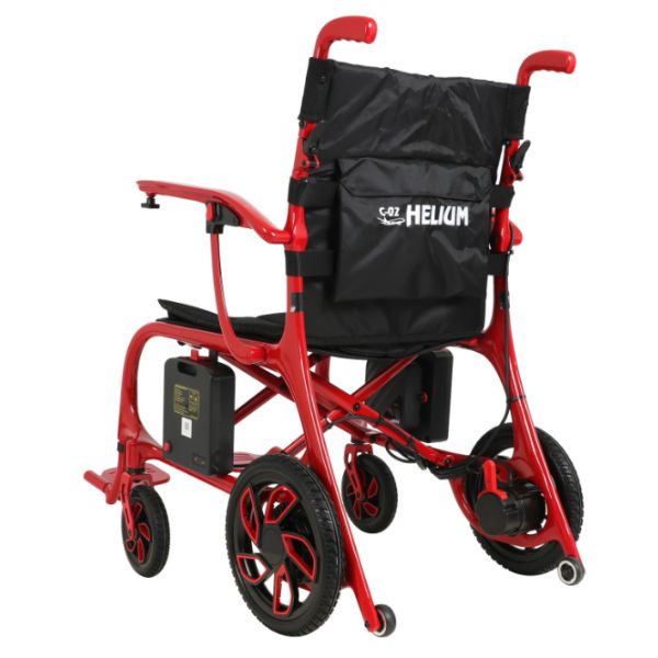 Helium Ultra Lightweight Power Wheelchair in Red Rear Side View