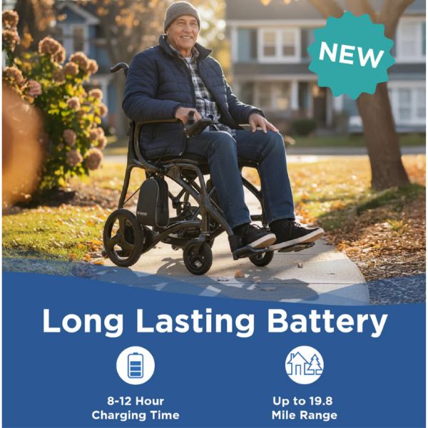Journey Air Elite Max Lightweight Folding Electric Wheelchair Showing the Battery Range