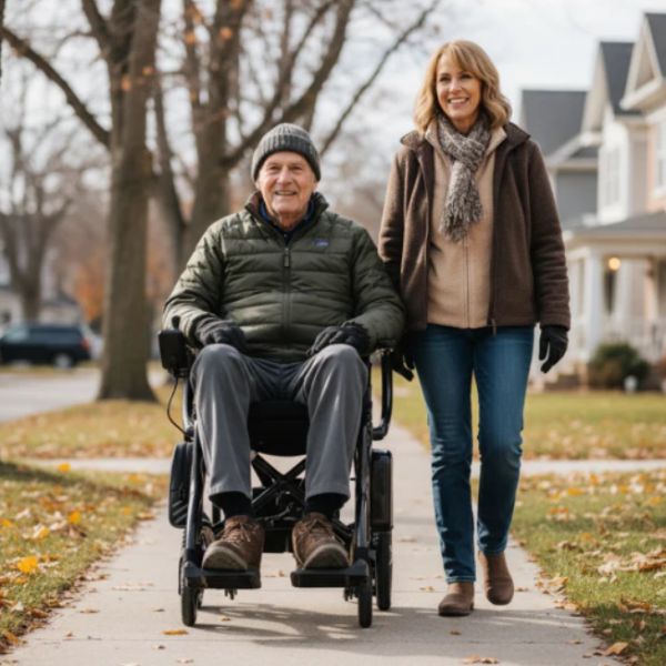 A Man Riding the Journey Air Elite Max Accompanied by a Woman Walking Beside Him