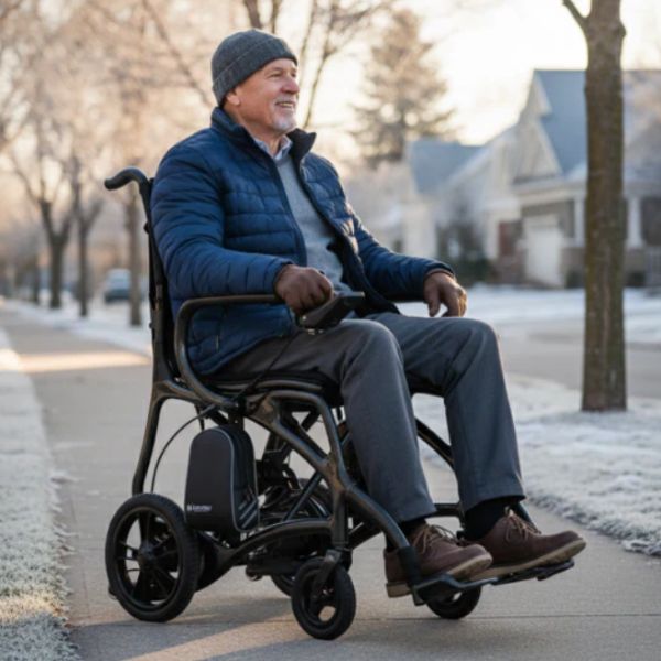A Man Riding on the Journey Air Elite Max Lightweight Folding Electric Wheelchair
