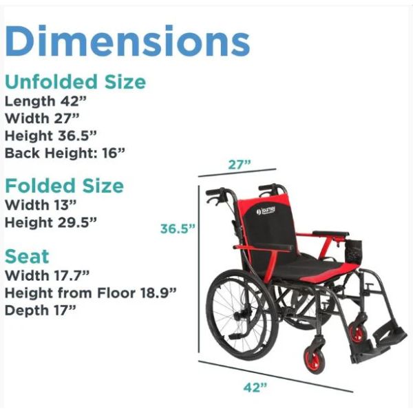 Journey So Lite C2 Ultra Lightweight Wheelchair with dimensions labeled on a white background