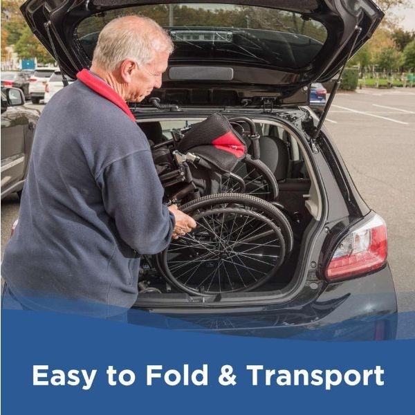 Man loading a folded Journey So Lite C2 Ultra Lightweight Wheelchair into the trunk of a car with text &#39;Easy to Fold &amp; Transport&#39;.