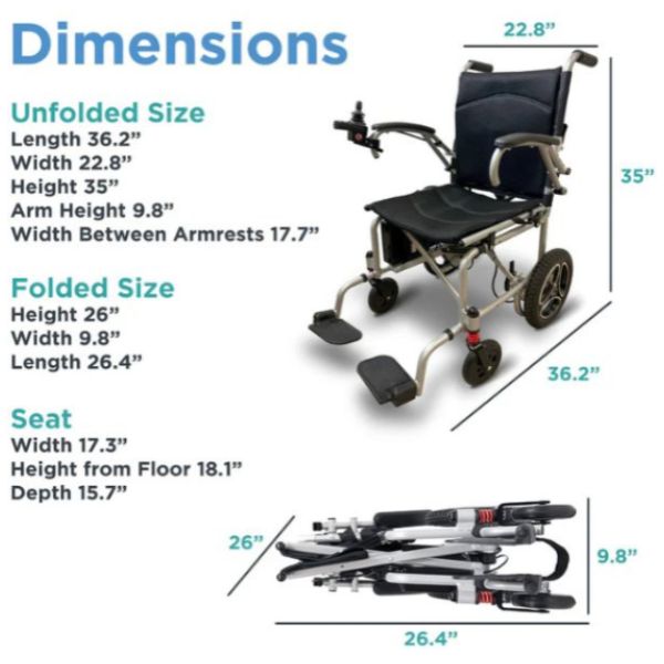 Dimensions of a folded and unfolded Journey Air Lightweight Folding Power Chair with measurements listed.