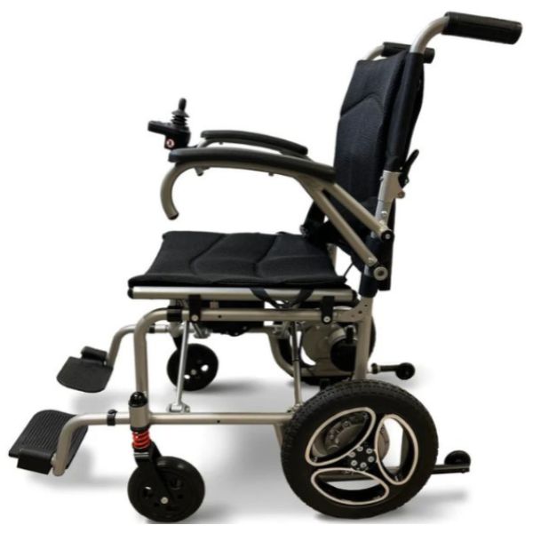Journey Air Lightweight Folding Power Chair with black seat and wheels on a white background