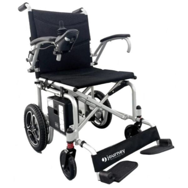 Black and silver electric Journey Air Lightweight Folding Power Chair with &#39;journey&#39; branding on a white background