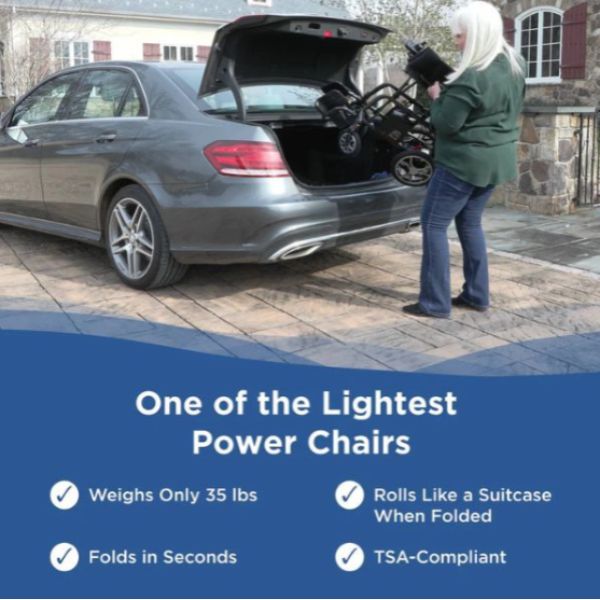 Woman loading the Journey Air Lightweight Folding Power Chair into a car with promotional text about its features.