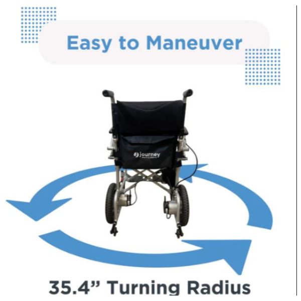 Journey Air Lightweight Folding Power Chair with &#39;Easy to Maneuver&#39; text and &#39;35.4&quot; Turning Radius&#39; on a white background