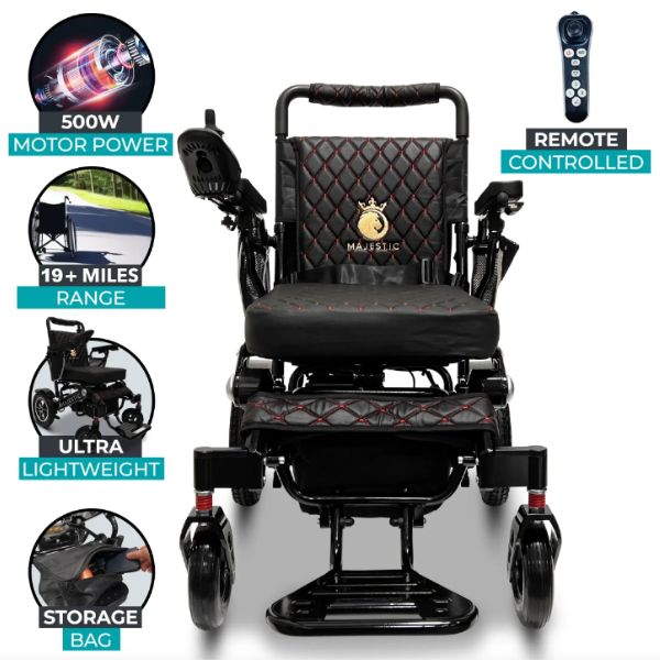 ComfyGo Majestic 440 HD Plus Remote Control Power Wheelchair with features highlighted on a white background