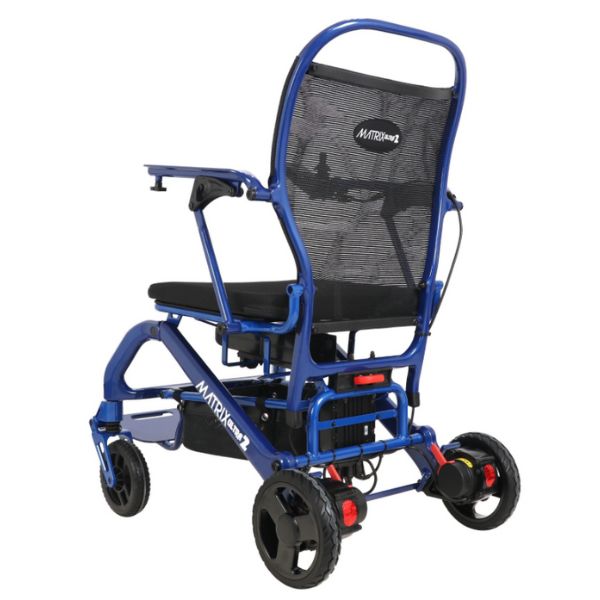 Matrix Ultra 2 Carbon Fiber Folding Electric Wheelchair Blue Left Rear View