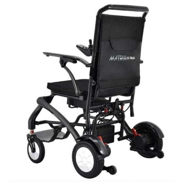 Matrix Ultra Carbon Fiber Electric Wheelchair in Black Showing the Rear Wheels