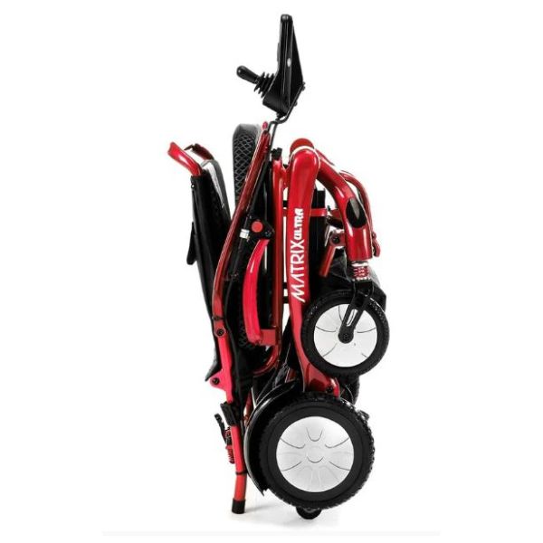 Matrix Ultra Carbon Fiber Electric Wheelchair in Red Folded Upward