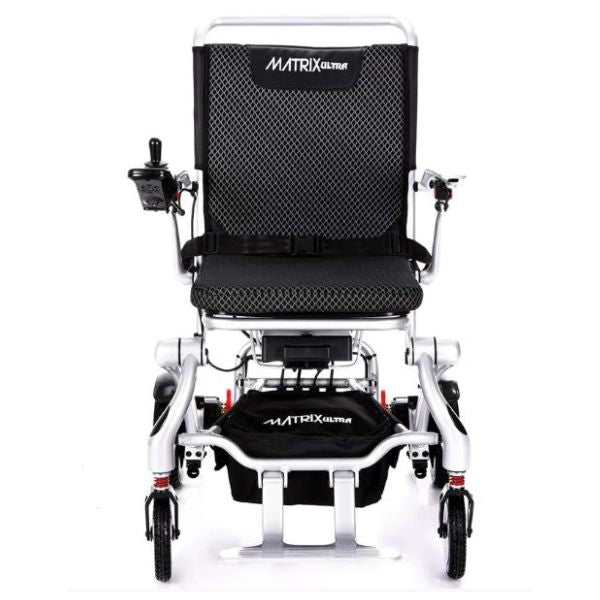 Matrix Ultra Carbon Fiber Electric Wheelchair in Silver Front View