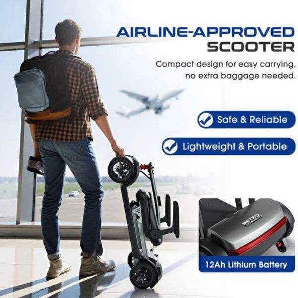 Metro Mobility Air Traveller 2 4-Wheel Mobility Scooter Showing it&#39;s Airline Approved