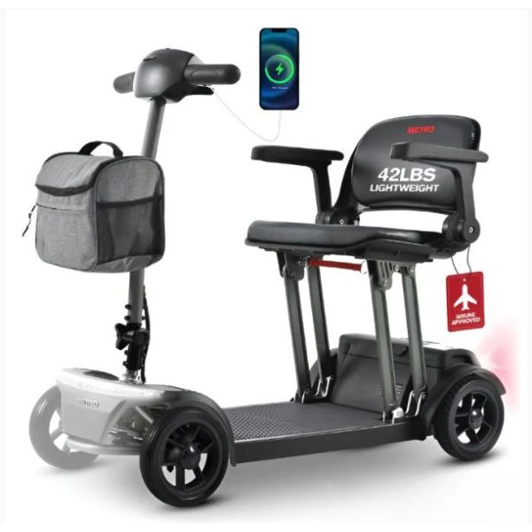 Metro Mobility Air Traveller 2 4-Wheel Mobility Scooter Showing the Charging Port and Airline Approved Tag