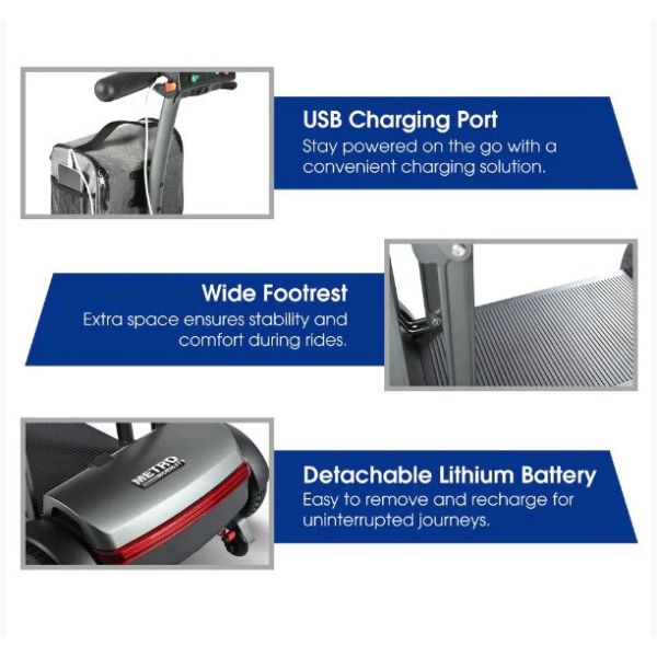 Metro Mobility Air Traveller 2 4-Wheel Mobility Scooter Sowing the Charging Port, Footrest and Detachable Lithium Battery